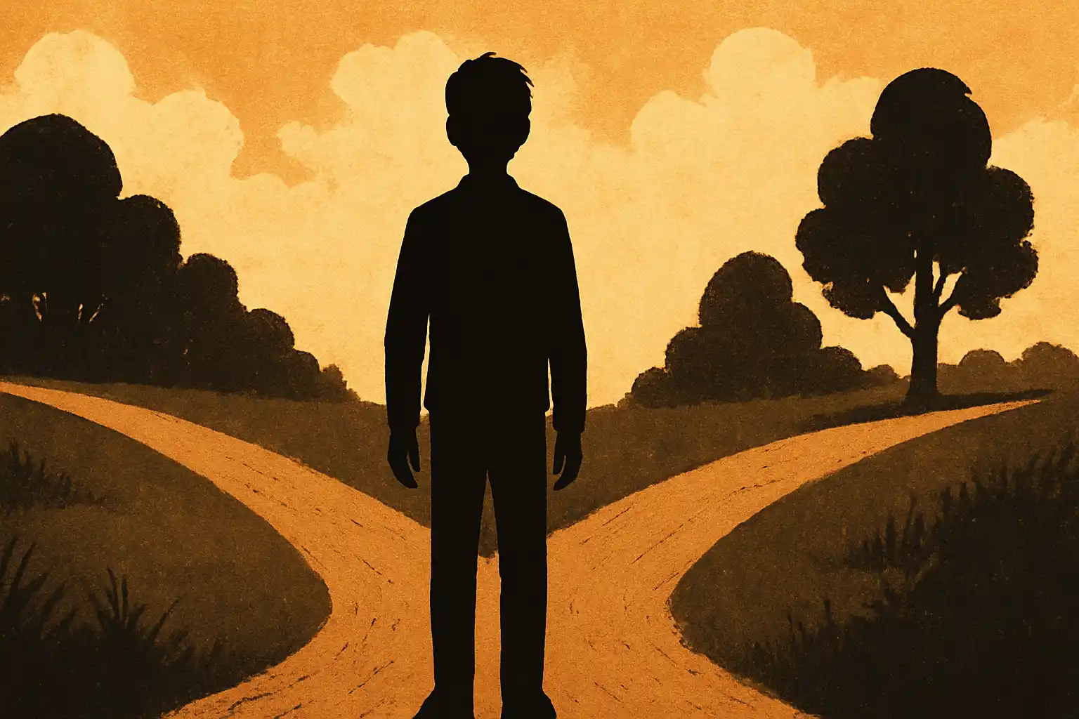 Silhouette of a person standing at a crossroads with two diverging paths under a glowing sky.