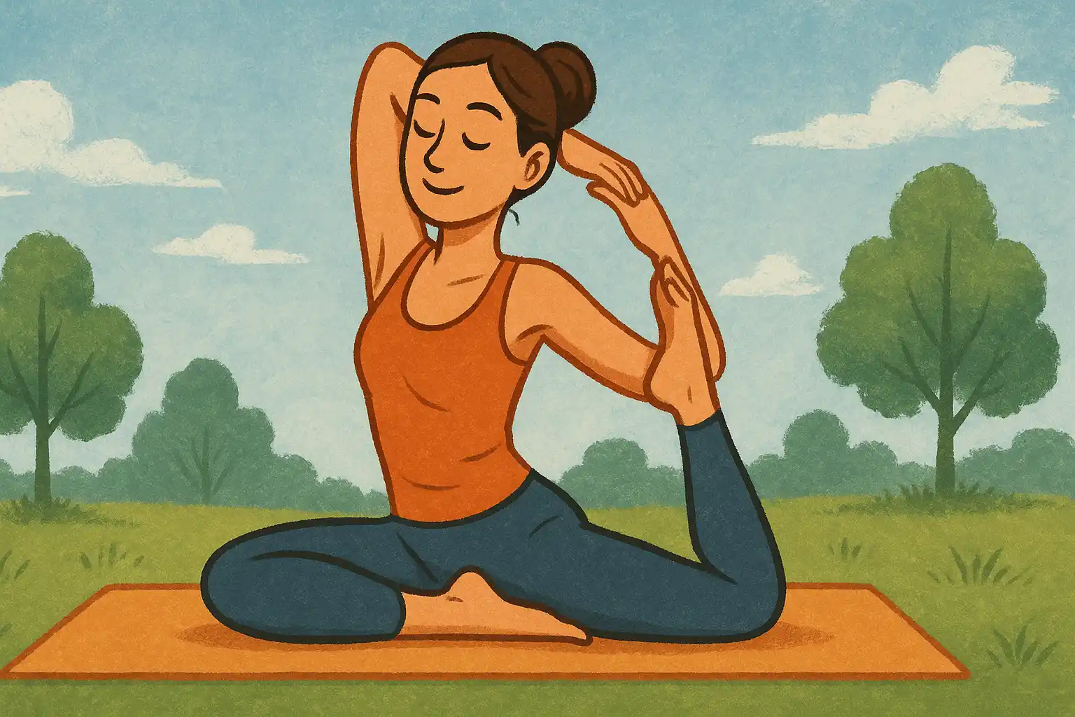 A woman practicing yoga outdoors on an orange mat, performing a one-legged king pigeon pose with a calm expression.