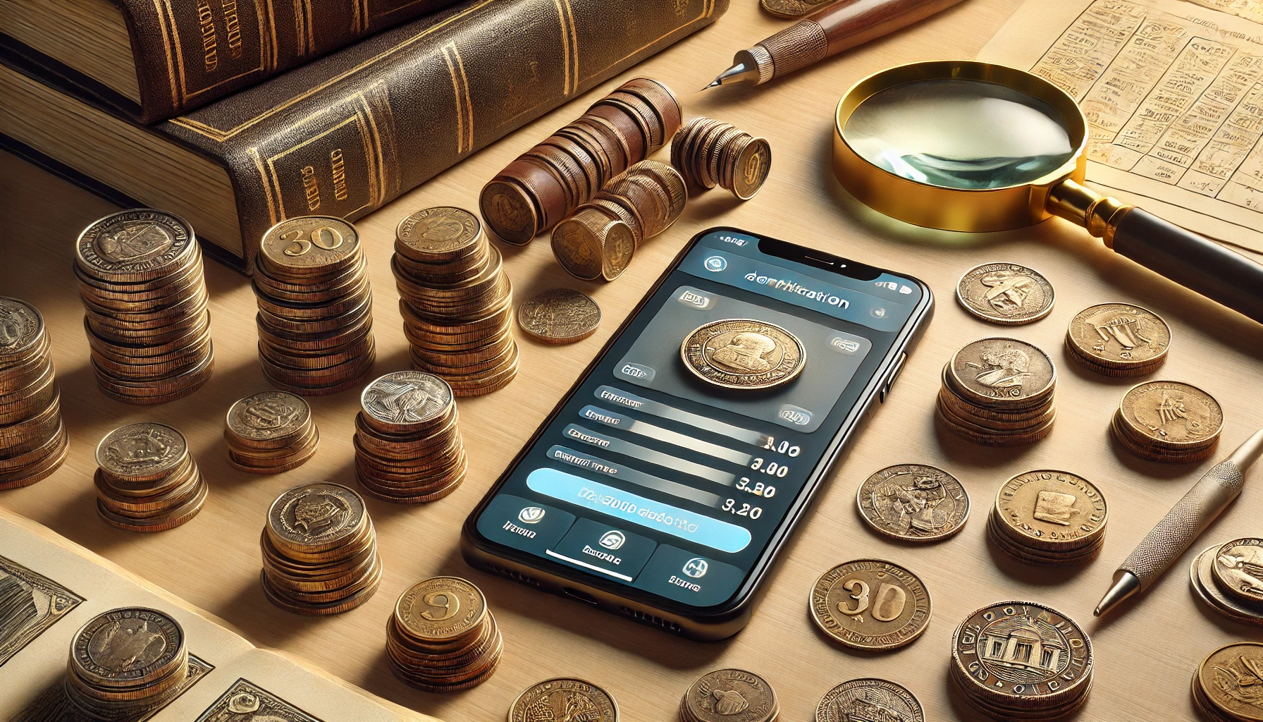 a coin collector's workspace with a smartphone scanning coins.