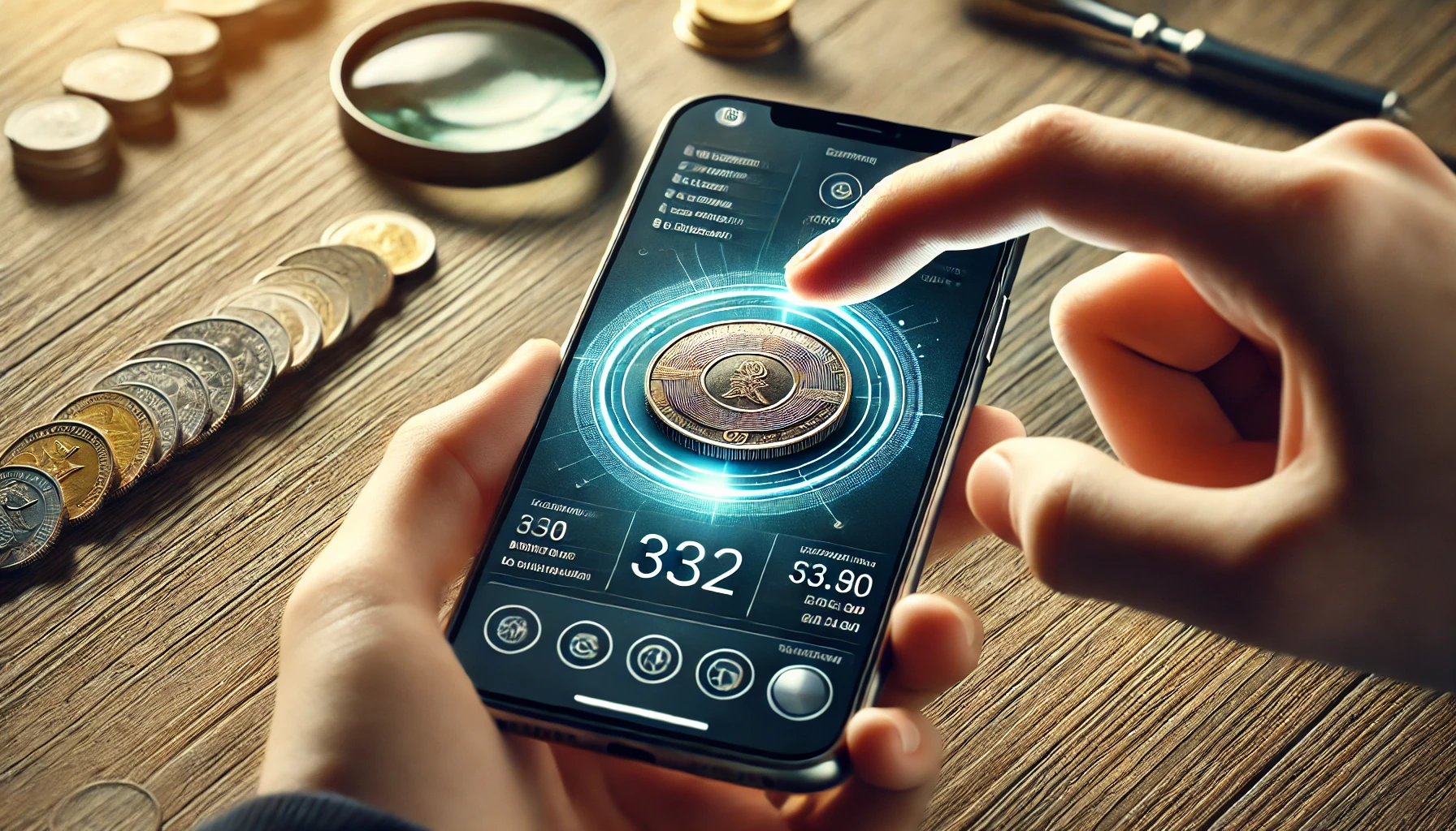A close-up of a hand holding a coin with an app on a smartphone in the background scanning the coin.