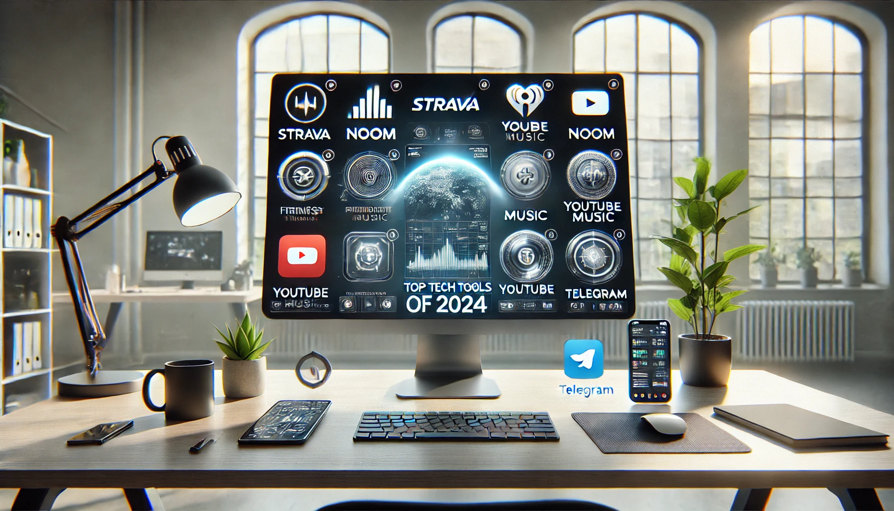 a sleek, modern workspace featuring a desktop screen with multiple popular apps displayed, representing top tech tools of 2024, including icons of fitness, productivity, entertainment, and communication apps like Strava, Noom, YouTube Music, and Telegram.