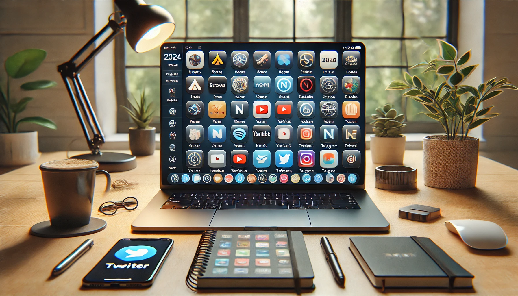 a modern, organized desk setup featuring a laptop displaying multiple app icons for popular 2024 tech tools, including fitness, productivity, and entertainment apps like Strava, Noom, YouTube Music, and Telegram.