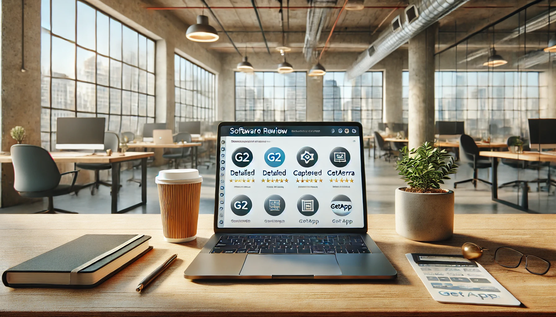 a professional workspace with a laptop showing detailed software review platforms like G2, Capterra, and GetApp on the screen.