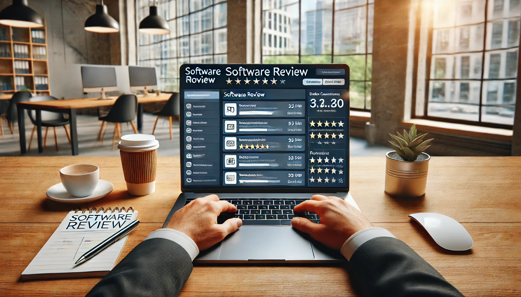 a small business owner reviewing software options on a laptop in a modern workspace.