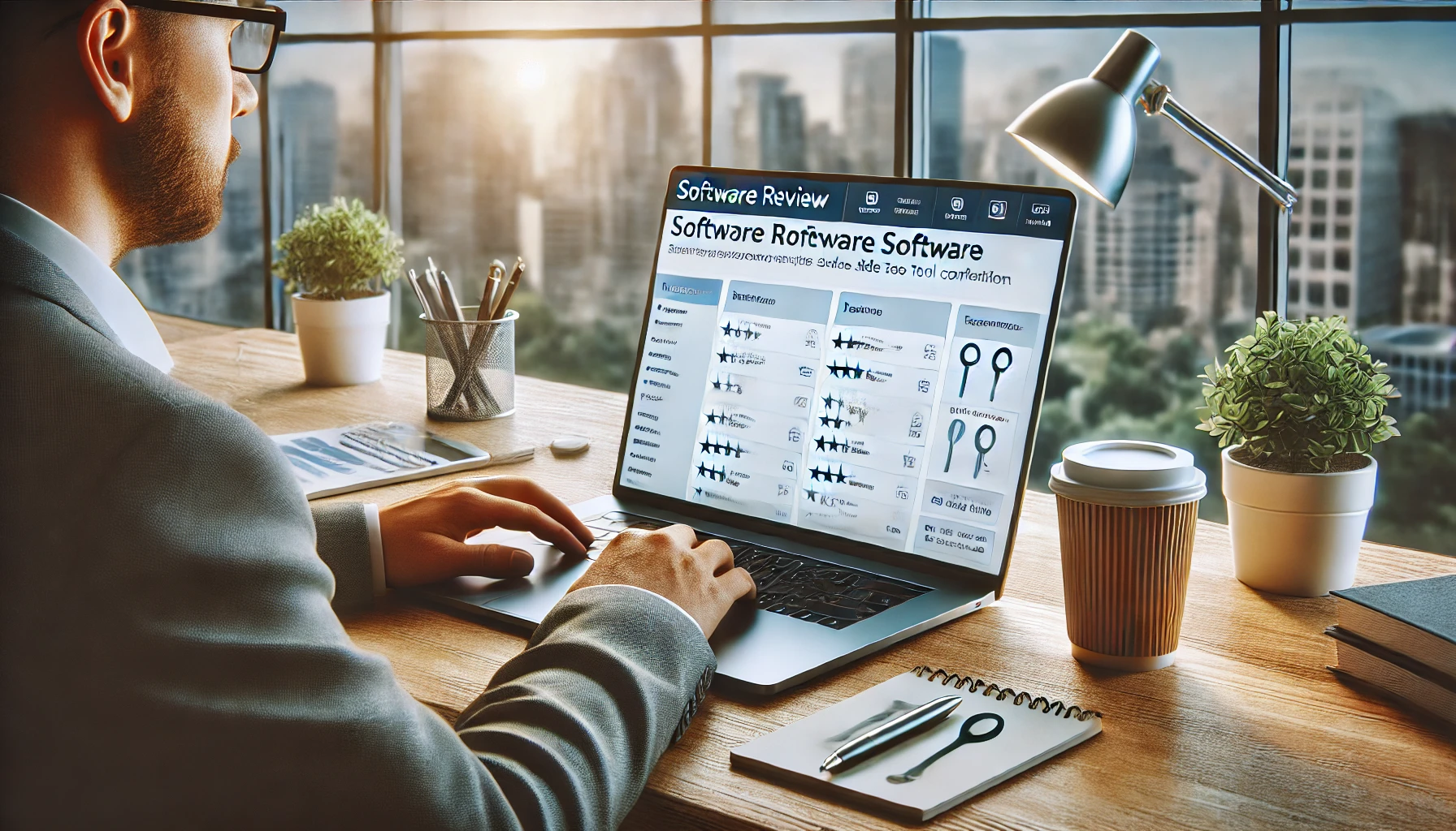 a small business owner in a modern office environment, intently reviewing software options on a laptop.