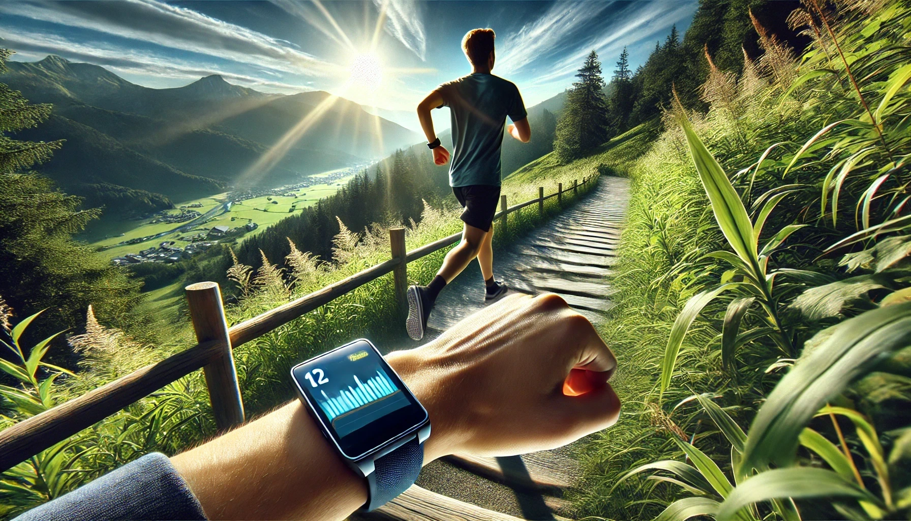 A man is running on a scenic trail, wearing a high-tech GPS fitness tracker on his wrist to track location and document other metrics of his training.