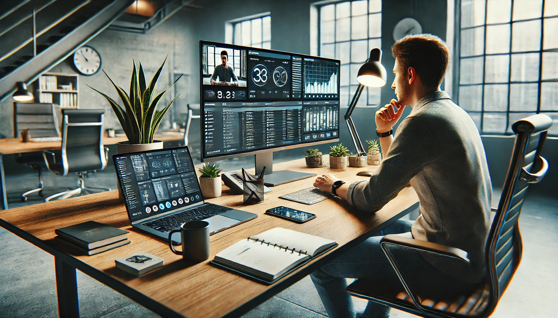 a person working at a modern office desk, using multiple software tools on a sleek computer with multiple monitors.