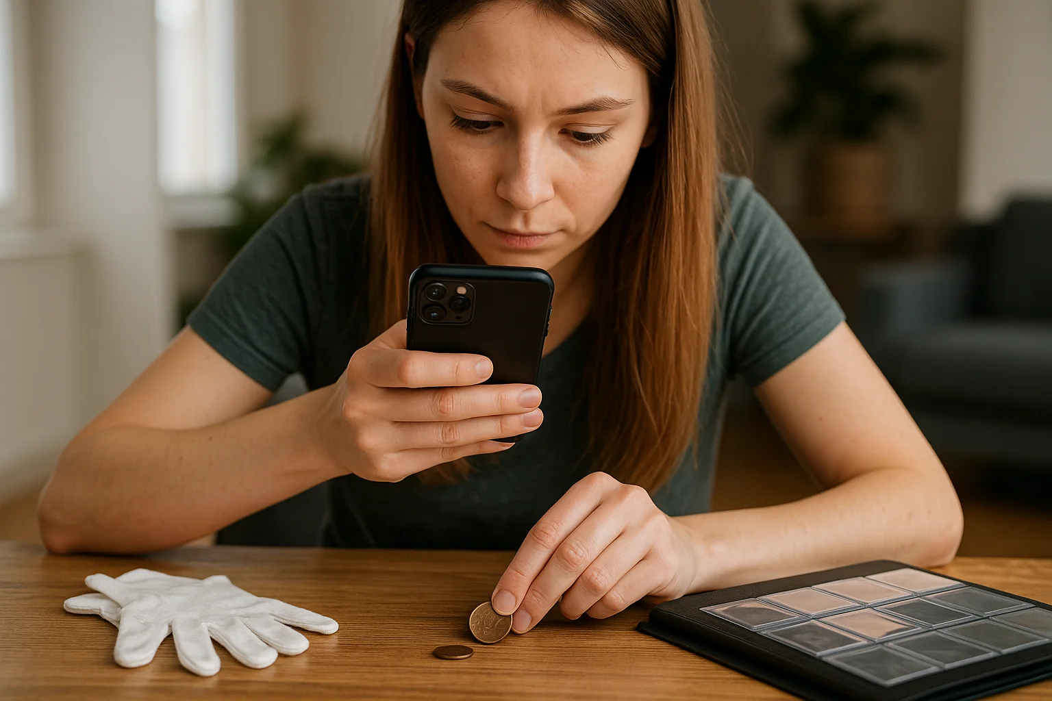 A young woman sits at a table using her smartphone camera to scan a coin and check its details.