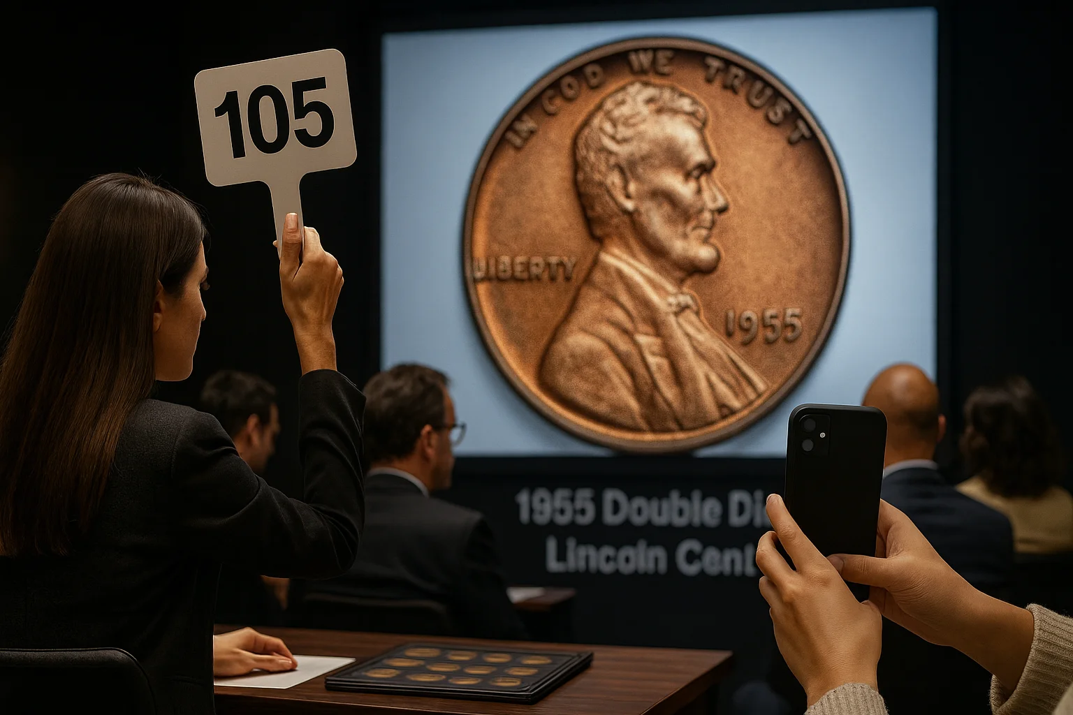 A woman in formal attire raises her bidding card at a numismatic auction where a 1955 Double Die Lincoln Cent is displayed on the screen.