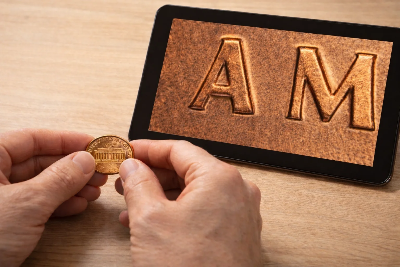 Collector comparing a 1991 Lincoln cent to a magnified Close AM image on a tablet screen.