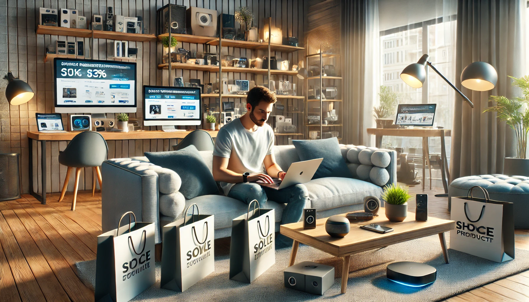 a modern, cozy living room with a person sitting on a couch using a laptop to compare tech product prices online.