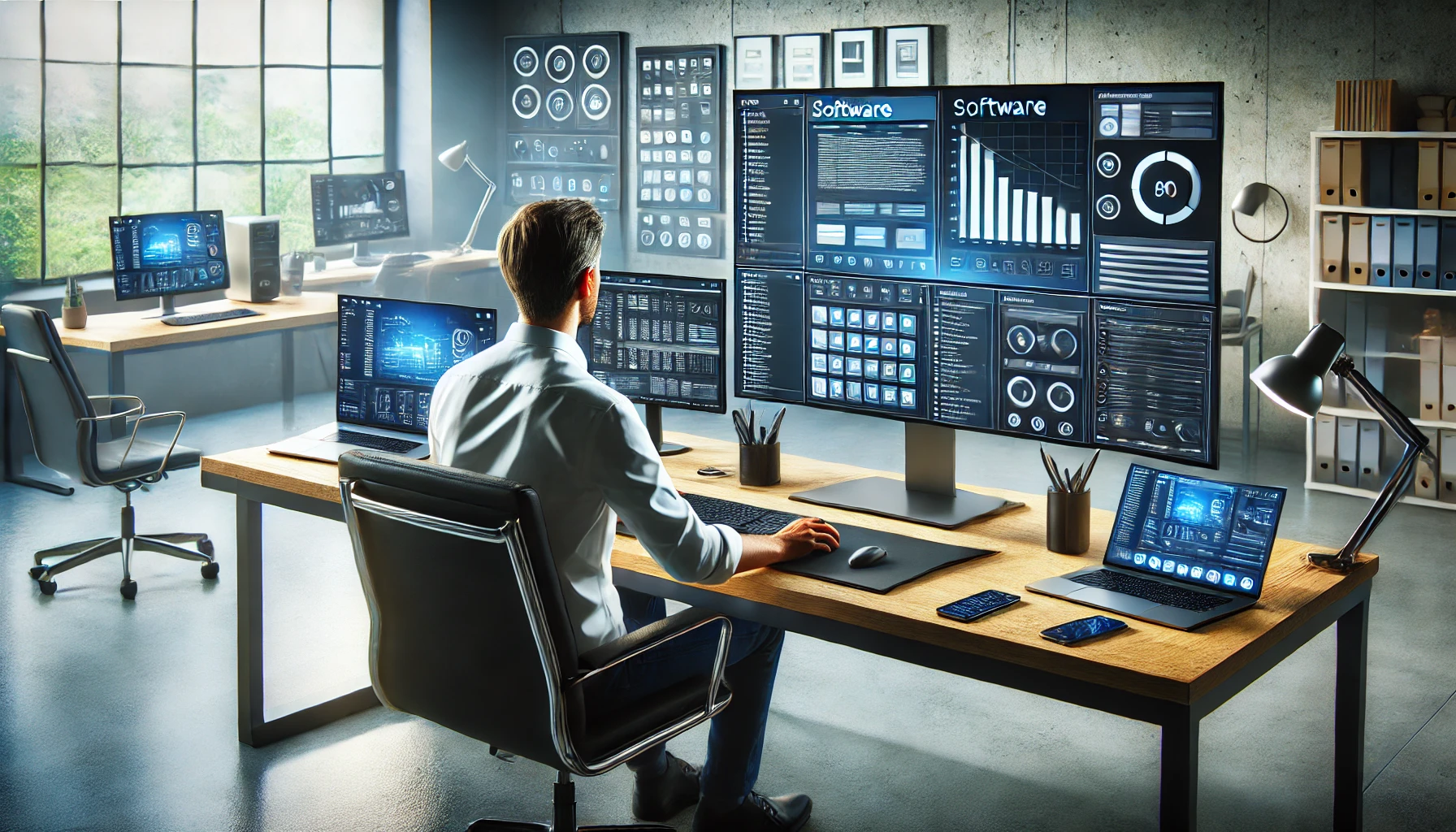 a professional workspace with a person sitting at a desk, surrounded by various tech products such as laptops, tablets, and smartphones. The individual is actively comparing software options on a large computer monitor, displaying a side-by-side comparison of different software features.